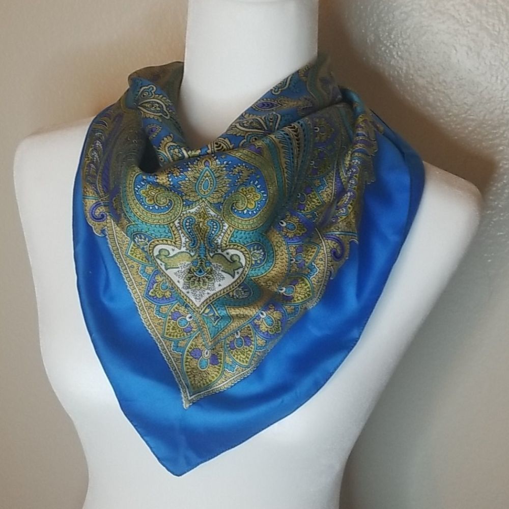 Navy Blue and green small silky scarf.